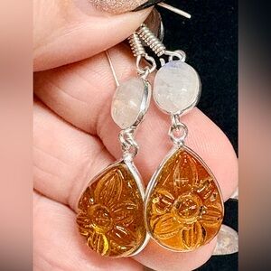 Sweet created carved citrine with genuine moonstone dangle Earrings